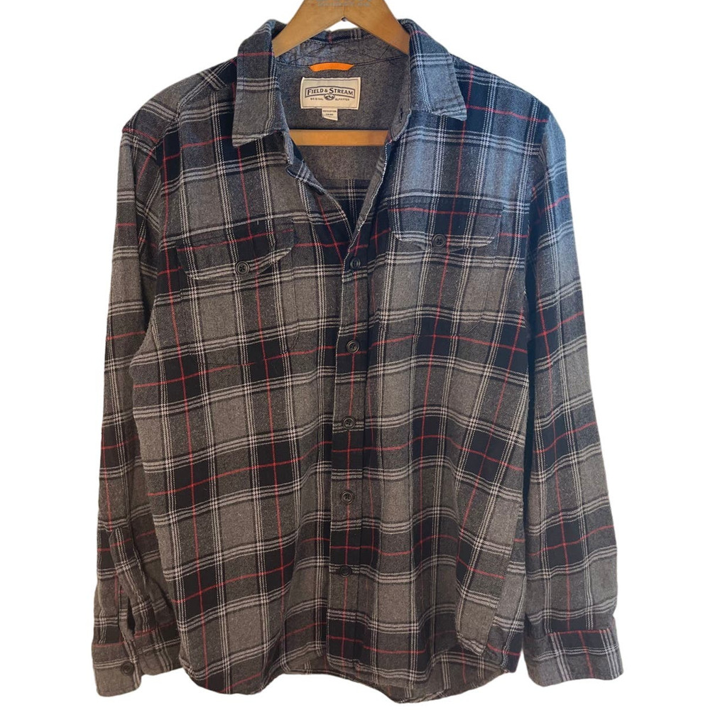 Field & Stream Plaid Flannel Button Down Size L Rugged Outdoors Fishing Hunting